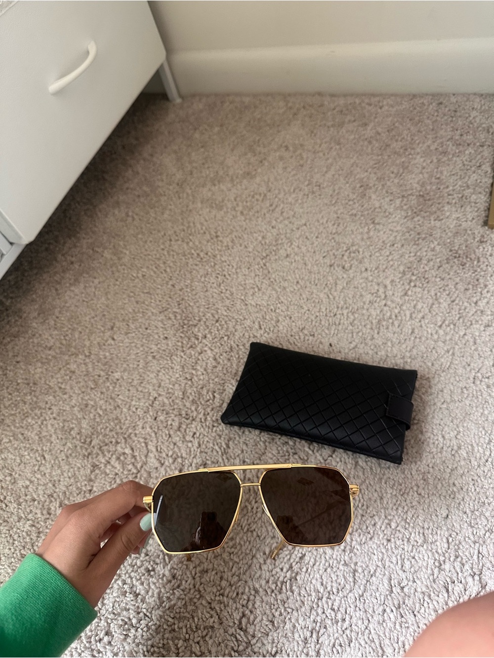 Bottega Veneta Gold Frame Brown Lens Square Aviator Sunglasses